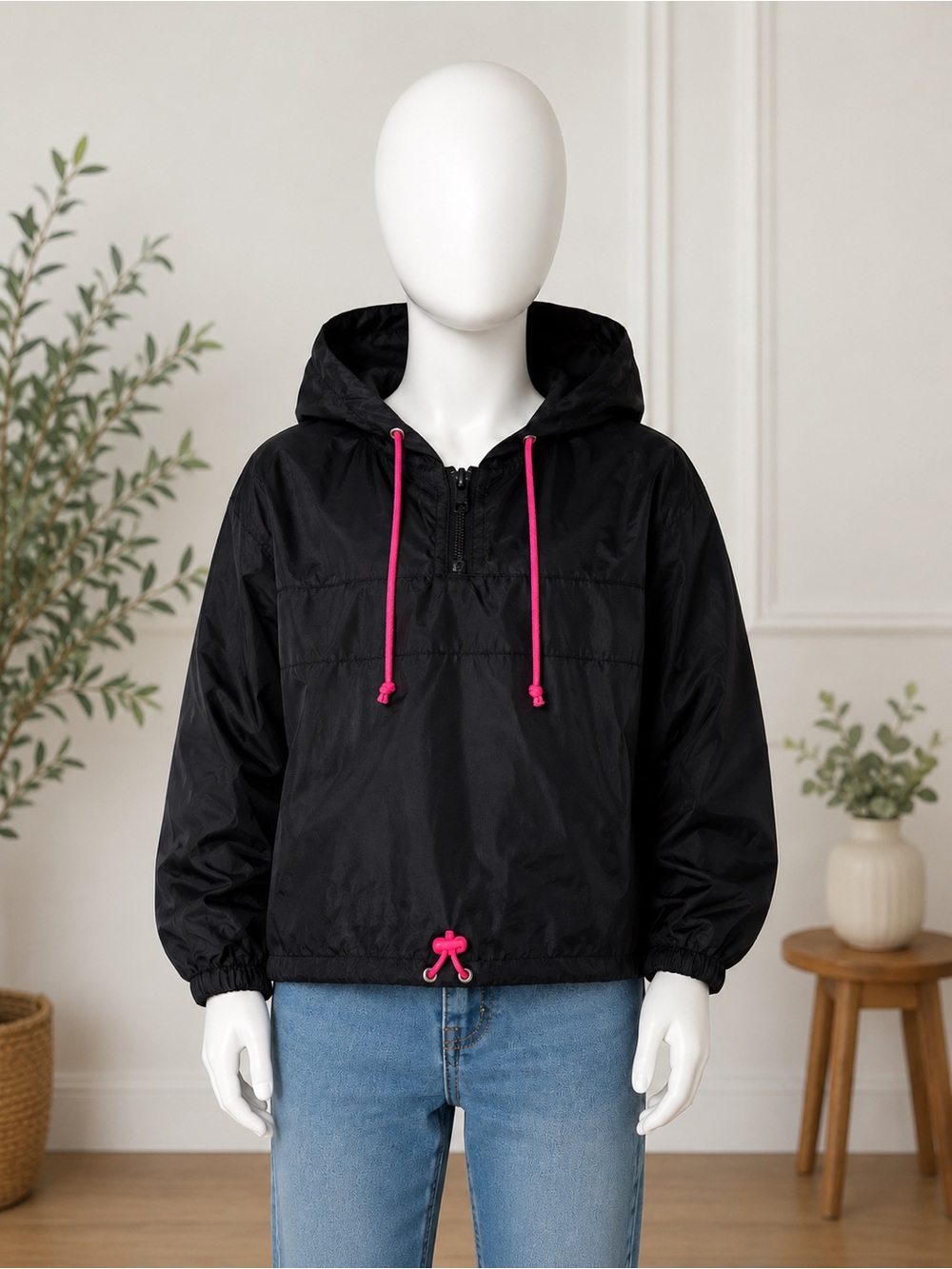 Black Hooded Windbreaker with Hot Pink Drawstrings